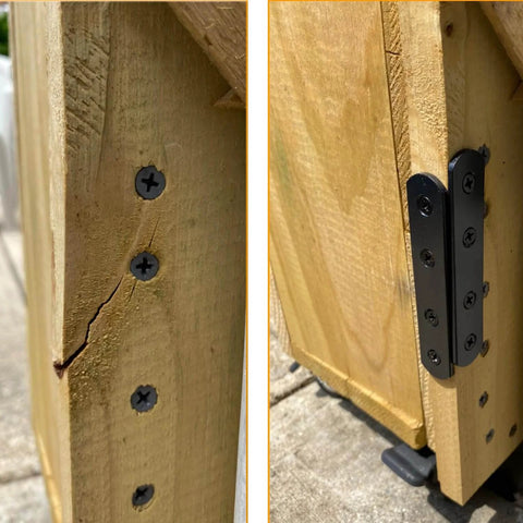 Mending Plates for Wood - 28 Set Metal Flat Plate Straight Bracket for Board, Bed Frame, Furniture & Shelves,Wood Connector Brackets,Stainless Steel (4 Size-28 Set) shown installed on wooden joint for stability.