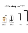 Durable Wood Furniture Screw In Nuts Set By Rrina 28 Sets Includes 1/4-20 Threaded Inserts 19/32 Inch Long And 1/4-20 Screws 25/32 Inch Long With Hex Socket Drive Galvanized Carbon Steel Fasteners For DIY Repairs size and quantity guide showing threaded insert, screw, and hex key.