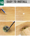 Four-step installation process of Heavy Duty 1/4-20 Brad Hole T Nut With Screws for Wood Furniture and DIY Projects.