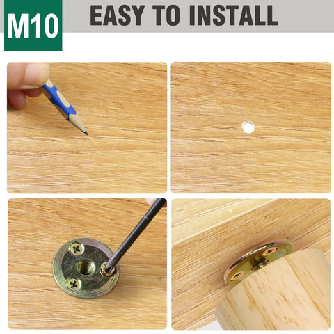 Four-step installation process of Heavy Duty 1/4-20 Brad Hole T Nut With Screws for Wood Furniture and DIY Projects.