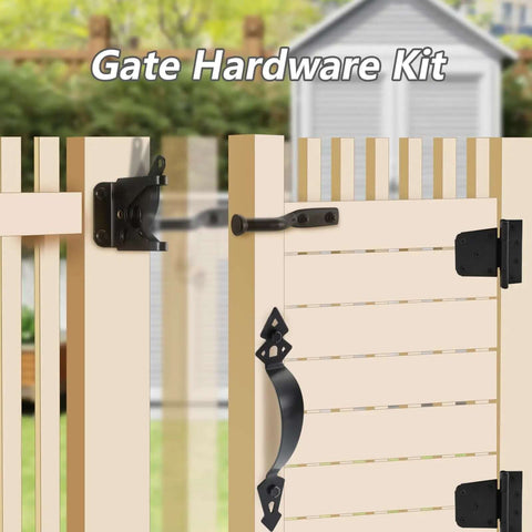 Beefy Wood Gate Hardware Kit With 3-1/2 Inch T Hinges, Heavy Duty Gate Latch, Decorative Gate Handle And Screws installed on wooden gate