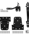 Beefy Wood Gate Hardware Kit With 3-1/2 Inch T Hinges, Heavy Duty Gate Latch, Decorative Gate Handle And Screws, Black Powder Coat Finish