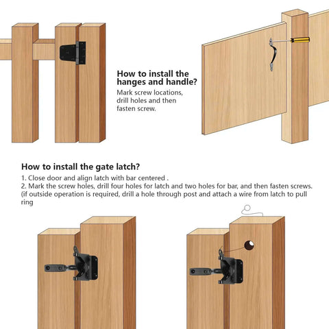 Installation guide for Beefy Wood Gate Hardware Kit With 3-1/2 Inch T Hinges, Heavy Duty Gate Latch, and Decorative Gate Handle.