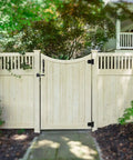 Outdoor wooden gate with Beefy Wood Gate Hardware Kit 3-1/2 Inch T Hinges, heavy duty latch, and decorative handle, black finish.