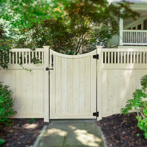 Outdoor wooden gate with Beefy Wood Gate Hardware Kit 3-1/2 Inch T Hinges, heavy duty latch, and decorative handle, black finish.