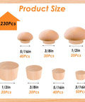 Product size chart for 230 Piece Wood Hole Plug Kit with Mushroom and Flush Styles showing plug sizes and quantities