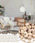 Round Wood Hole Plugs Set For Furniture And Woodworking In Four Sizes displayed in a living room setting with packaging