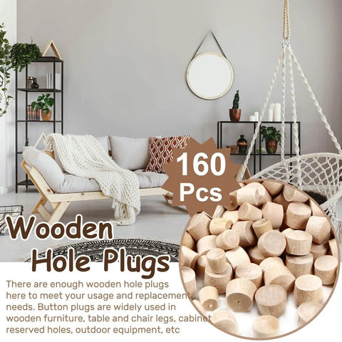 Round Wood Hole Plugs Set For Furniture And Woodworking In Four Sizes displayed in a living room setting with packaging