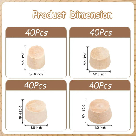 Round Wood Hole Plugs Set For Furniture And Woodworking In Four Sizes 3/16, 5/16, 3/8, 1/2 inch dimensions shown with 40 pieces each size.