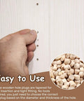 Installation of Round Wood Hole Plugs Set For Furniture And Woodworking In Four Sizes Three Sixteenths Inch Five Sixteenths Inch