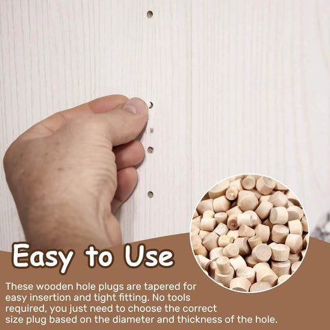 Installation of Round Wood Hole Plugs Set For Furniture And Woodworking In Four Sizes Three Sixteenths Inch Five Sixteenths Inch