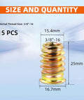 Three Eighths Inch Threaded Wood Inserts For Furniture Nutserts With Hex Drive Sixteen Threads Per Inch Twenty Five Millimeter Length Heavy Duty Zinc Plated Carbon Steel Easy Install Pack Of Fifteen shown with dimensions