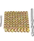 Must-Have 80 Piece 1/4-20 Flush Wood Inserts Set With Headless Screws And Hex Socket Drive For Woodworking Includes 9.0 Mm Drill Bit And Matching Driver Tool By PGMJ Perfect For Furniture Building And Repairs neatly arranged with a drill bit and driver.