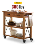 Wooden kitchen cart with 2 Inch Stem Caster Wheels Total Locking Heavy Duty Swivel Castors, showcasing max load capacity of 300 lbs.