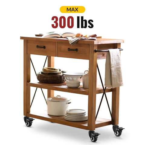 Wooden kitchen cart with 2 Inch Stem Caster Wheels Total Locking Heavy Duty Swivel Castors, showcasing max load capacity of 300 lbs.