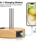 Base of Bedside Table Lamp With 3 Way Dimmable Touch Control, USB C Charging Ports And AC Outlet, showing charging capabilities.