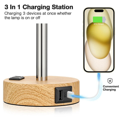 Base of Bedside Table Lamp With 3 Way Dimmable Touch Control, USB C Charging Ports And AC Outlet, showing charging capabilities.