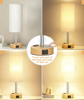 Bedside Table Lamp With 3 Way Dimmable Touch Control, USB C Charging Ports And AC Outlet, Wood Base, Round Flaxen Fabric Shade
