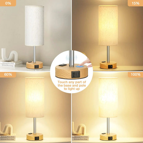 Bedside Table Lamp With 3 Way Dimmable Touch Control, USB C Charging Ports And AC Outlet, Wood Base, Round Flaxen Fabric Shade