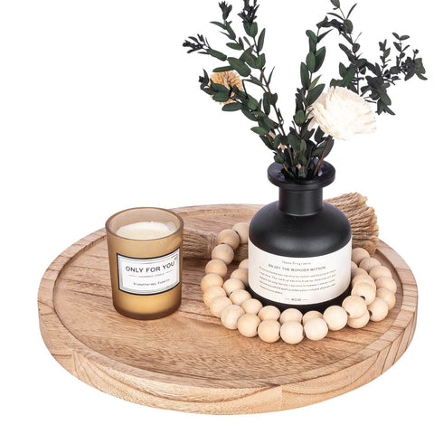 Wood lazy susan organizer kitchen turntable, 10 inch round decorative farmhouse tray in brown with candle and vase.