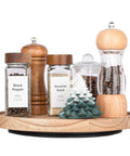 Wood lazy susan organizer kitchen turntable, 10 inch round decorative farmhouse tray in brown with spice jars and decor.