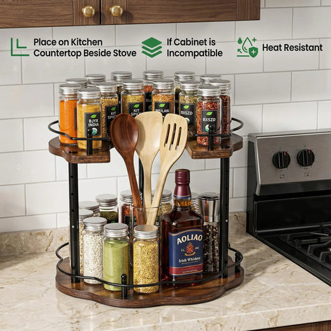 12 Inch Wood Lazy Susan Organizer for Cabinet With Double Layer Rotating Design and Plum Blossom Shape on kitchen counter