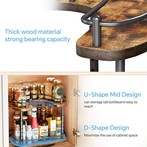 12 Inch D Shaped Lazy Susan Spice Rack Organizer, Height Adjustable Two Tier Rotating Turntable in wooden cabinet storage