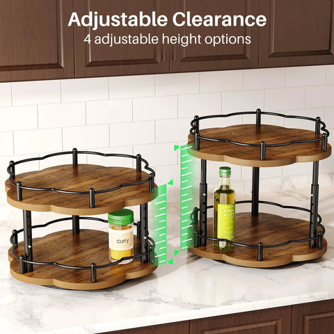 Two Tier Wood Lazy Susan Spice Rack Organizer With 360 Degree Rotating Turntable for Cabinet Pantry and Countertop Adjustable Height