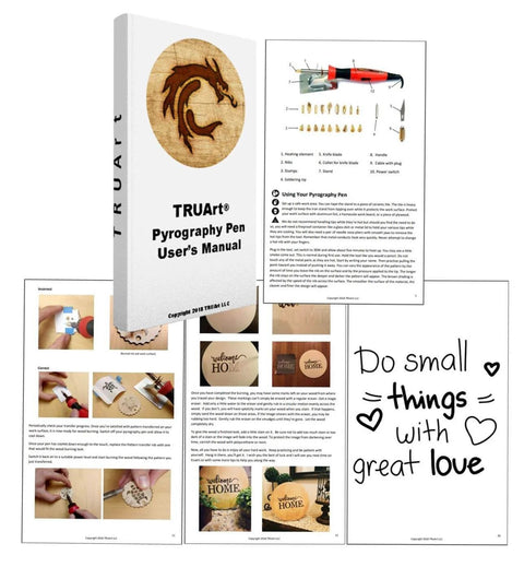 User manual for Wood and Leather Pyrography Pen Set with woodburning tips and design examples.