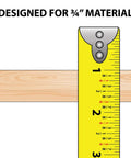 Tape measure against wood showing 3/4 inch measurement for designed material fit.