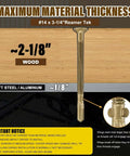 Heavy-Duty 14 By 3 1/4 Inch Self-Drilling Wood To Metal Screws With Torx Star Head T30, ~2-1/8 inch wood depth shown