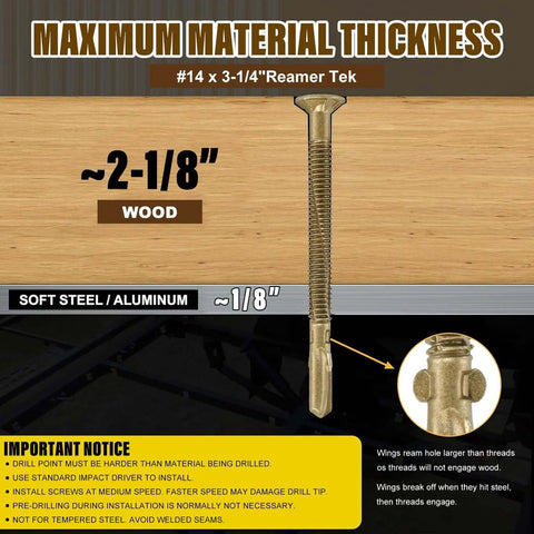 Heavy-Duty 14 By 3 1/4 Inch Self-Drilling Wood To Metal Screws With Torx Star Head T30, ~2-1/8 inch wood depth shown