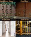 Different door types for using 18 Inch Cane Bolt Gate Drop Rod Heavy Duty Gate Hardware; wood, metal, vinyl, and iron fence gates