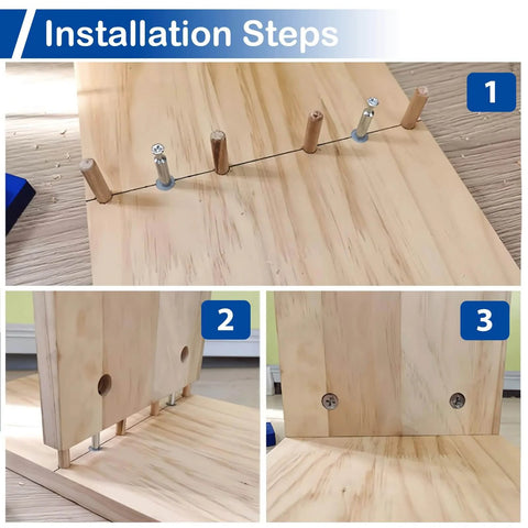 Installation steps for 16Pcs 35mm Galvanized Iron Connecting Fittings M6 Dowels Screws Fasteners for Cabinet Drawer Panels