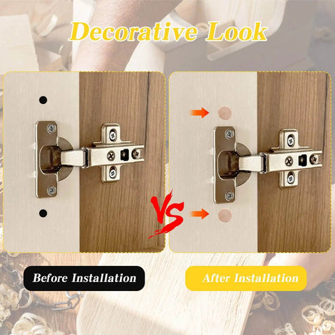 Comparison of cabinet hinge before and after using 200 Pack Three Eighth Inch Wood Plugs For Screw Holes Flat Head Furniture Covers.
