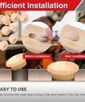 Assorted Wood Plug Kit With 144 Pieces In Four Sizes 3/16 Inch, 5/16 Inch, 3/8 Inch And 1/2 Inch For Screw Holes Perfect For Furniture Repair, Tables, Chairs, Cabinetry And Craft Projects, Conceal Holes And Finish Woodwork Like A Pro showing installation process and wood plugs before and after use