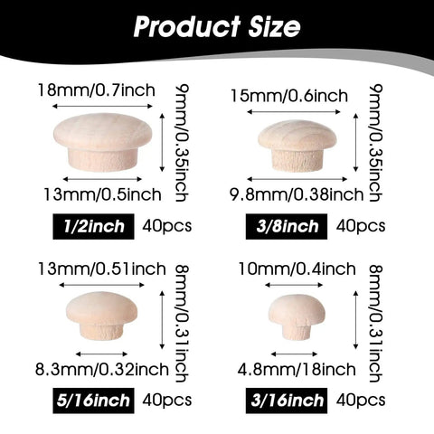 120 Piece Wood Plug Set For Screw Holes With Mushroom Head Shape Three Sixteenths Inch Five Sixteenths Inch Three Eighths Inch And One Half Inch Sizes Hardwood Hole Plugs Display