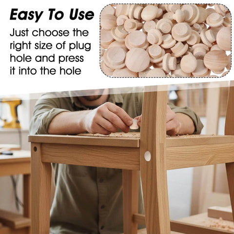 120 Piece Wood Plug Set For Screw Holes With Mushroom Head Shape in various sizes installed in wooden furniture, front view