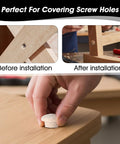 120 Piece Wood Plug Set For Screw Holes With Mushroom Head Shape Three Sixteenths Inch Five Sixteenths Inch Three Eighths Inch And One Half Inch Sizes Hardwood Hole Plugs For Gap Filling Furniture Repair Locking Tube Covers Durable Wood Caps being installed on furniture surface.