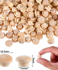 200 Pcs Three Eighths Inch Wood Plugs For Screw Holes Mushroom Button Round Head Covers shown in hand and assorted sizes