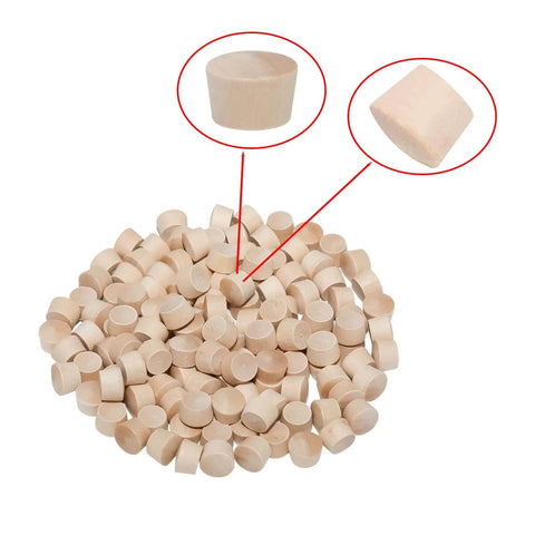 200 Pcs 3/16 Inch Wood Plugs For Furniture Repair And Hidden Fasteners shown in a pile, highlighting individual plug details.