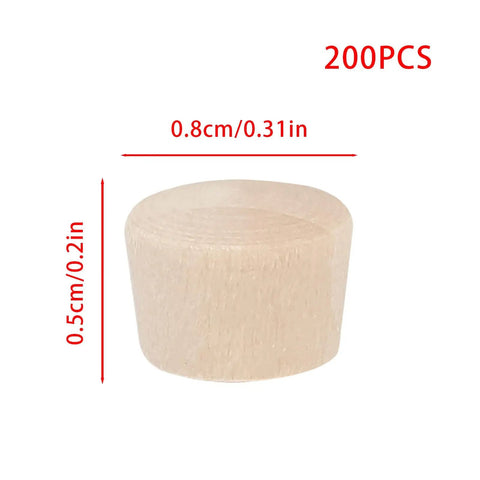 200 Pcs 3/16 Inch Wood Plugs For Furniture Repair And Hidden Fasteners, close-up view, 8mm wooden hole plugs with size dimensions.