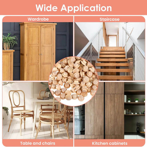 Collage showing 200 Pcs Three Eighths Inch Wood Plugs For Screw Holes Mushroom Button Round Head Covers in various furniture applications