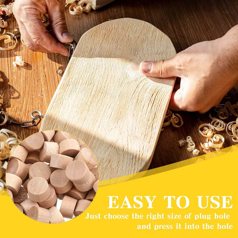 200 Pack Three Eighth Inch Wood Plugs For Screw Holes Flat Head Furniture Covers For Cabinets Doors And Wood Decor Hide Unsightly Screws Seamless Finish, shown being used on a wooden surface for a seamless finish.