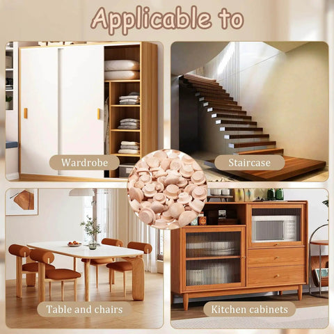 150 Pcs Wooden Hole Plugs Set In Four Sizes Three Sixteenths Inch Five Sixteenths Inch Three Eighths Inch And Half Inch Mushroom Wood Plugs For Cabinets Tables Chair Legs Reserved Holes Outdoor Gear with examples of use on wardrobe, staircase, table, and kitchen cabinets
