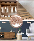 Flat Head Wood Plugs Set, 100 Pcs Three Eighths Inch Screw Hole Plugs for furniture and DIY projects, shown with wardrobes, stairs, cabinets, and seats.