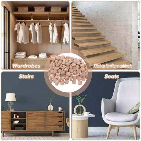Flat Head Wood Plugs Set, 100 Pcs Three Eighths Inch Screw Hole Plugs for furniture and DIY projects, shown with wardrobes, stairs, cabinets, and seats.