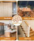 Collage showing furniture with 120 Pcs Wood Plugs Set In 4 Sizes 3/16 Inch 5/16 Inch 3/8 Inch And 1/2 Inch Round Head Hardwood Hole Plugs