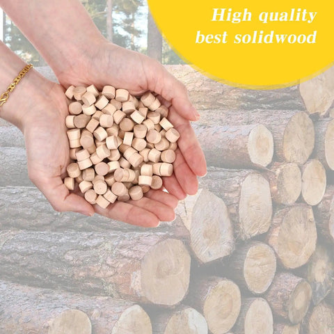 Handful of wood plugs for screw holes over logs, focusing on 200 Pack Three Eighth Inch Wood Plugs For Screw Holes Flat Head Furniture Covers For Cabinets Doors And Wood Decor Hide Unsightly Screws Seamless Finish.
