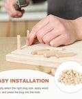 Person installing 50 Pack Five Eighth Inch Flat Head Wood Plugs That Cover Screw Holes For Furniture Cabinets And DIY Projects Assortment Kit Includes Wood Plug Caps For Seamless Finish And Concealment In Tables Legs And Outdoor Gear in a wooden surface.